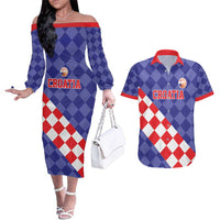 Custom Croatia Basketball Couples Matching Off The Shoulder Long Sleeve Dress and Hawaiian Shirt Sporty Style