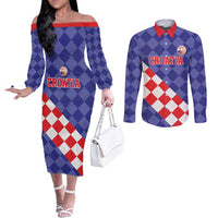 Custom Croatia Basketball Couples Matching Off The Shoulder Long Sleeve Dress and Long Sleeve Button Shirt Sporty Style
