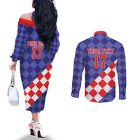 Custom Croatia Basketball Couples Matching Off The Shoulder Long Sleeve Dress and Long Sleeve Button Shirt Sporty Style