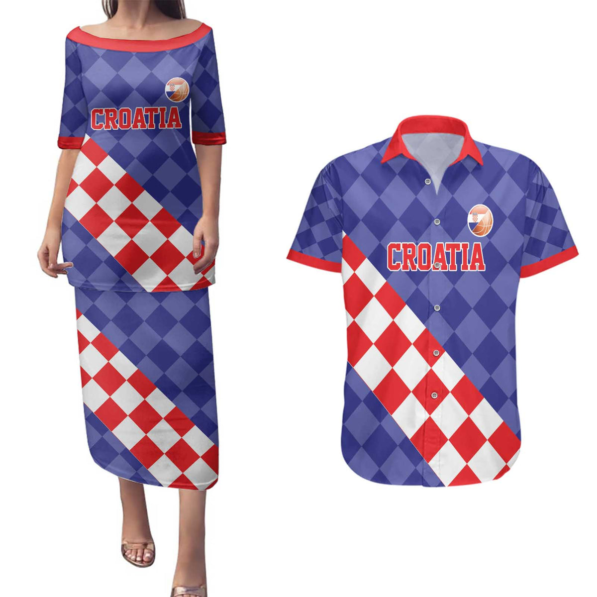 Custom Croatia Basketball Couples Matching Puletasi and Hawaiian Shirt Sporty Style
