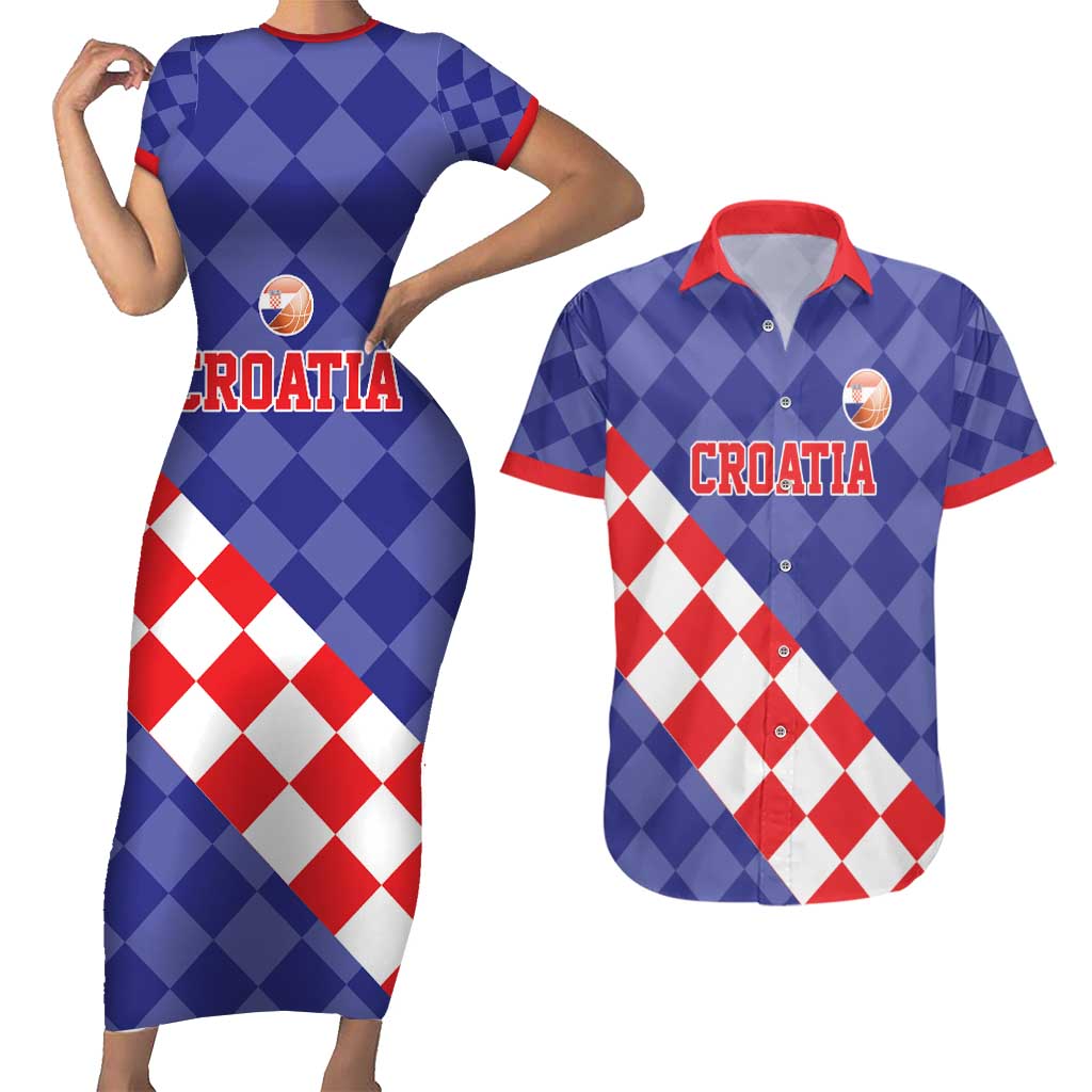Custom Croatia Basketball Couples Matching Short Sleeve Bodycon Dress and Hawaiian Shirt Sporty Style