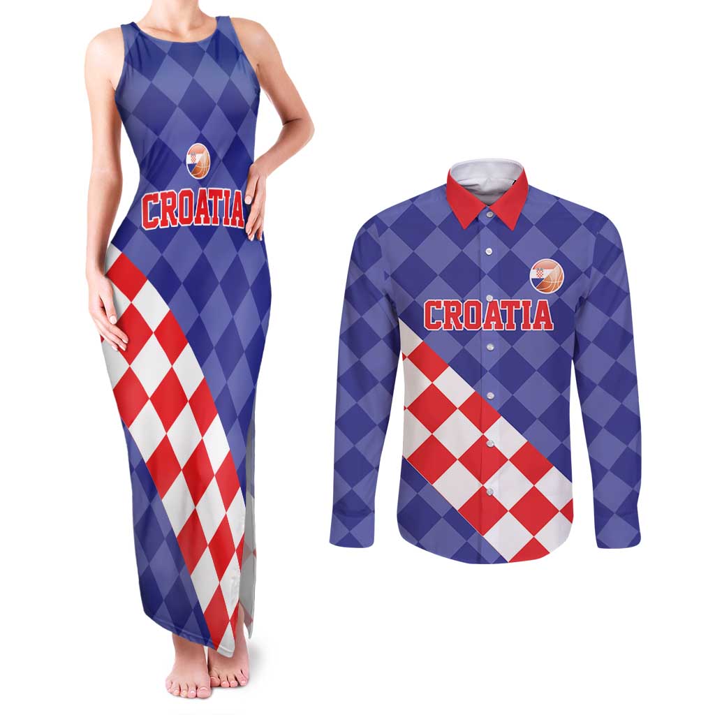 Custom Croatia Basketball Couples Matching Tank Maxi Dress and Long Sleeve Button Shirt Sporty Style