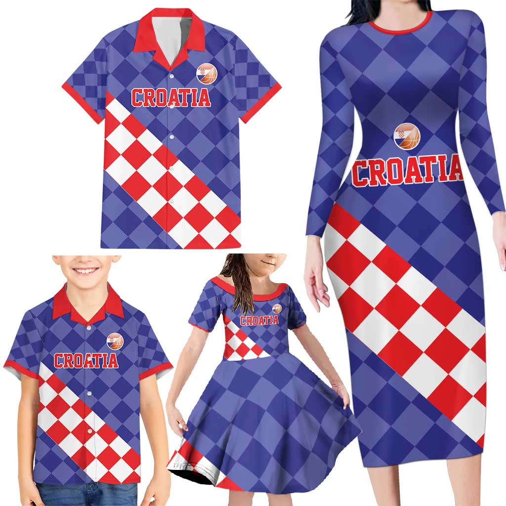 Custom Croatia Basketball Family Matching Long Sleeve Bodycon Dress and Hawaiian Shirt Sporty Style