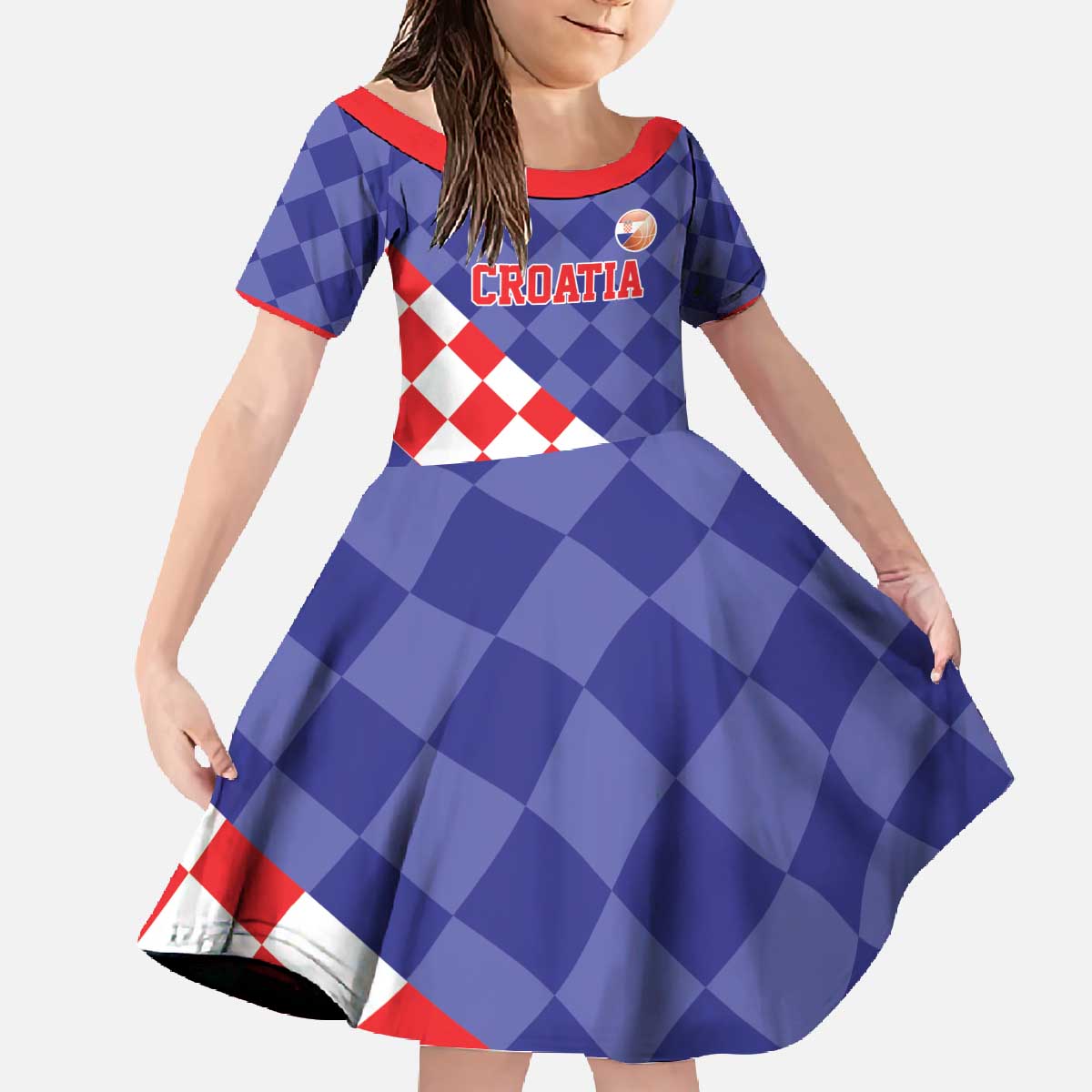 Custom Croatia Basketball Family Matching Off The Shoulder Long Sleeve Dress and Hawaiian Shirt Sporty Style
