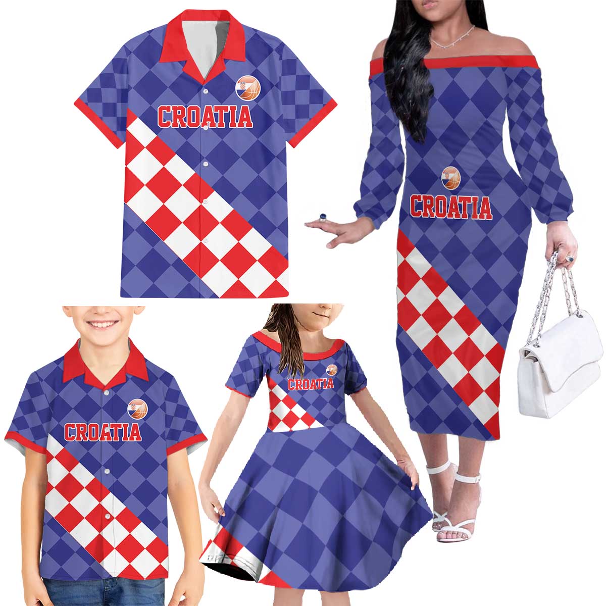 Custom Croatia Basketball Family Matching Off The Shoulder Long Sleeve Dress and Hawaiian Shirt Sporty Style