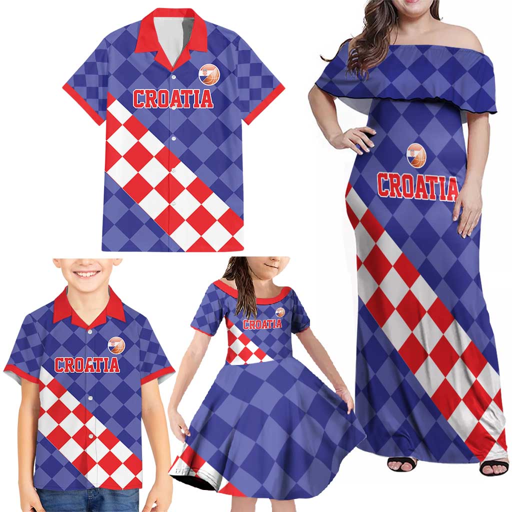 Custom Croatia Basketball Family Matching Off Shoulder Maxi Dress and Hawaiian Shirt Sporty Style