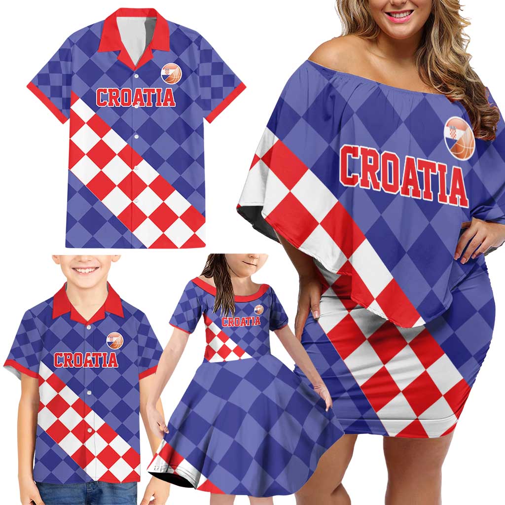 Custom Croatia Basketball Family Matching Off Shoulder Short Dress and Hawaiian Shirt Sporty Style