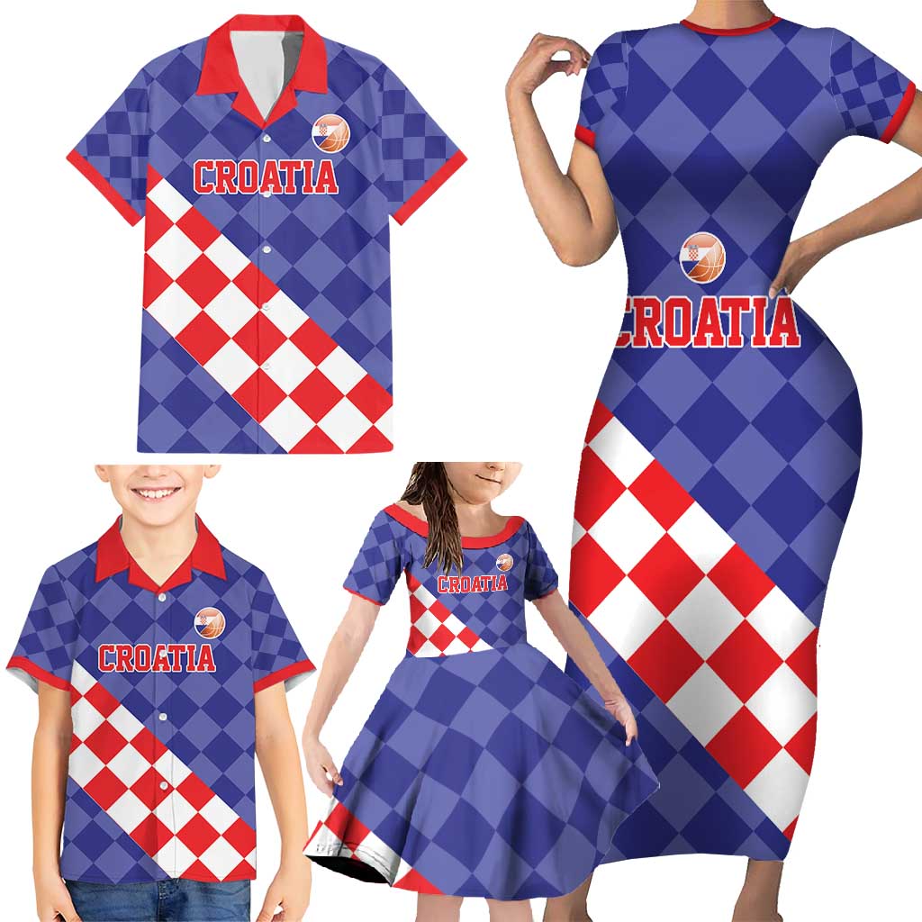 Custom Croatia Basketball Family Matching Short Sleeve Bodycon Dress and Hawaiian Shirt Sporty Style