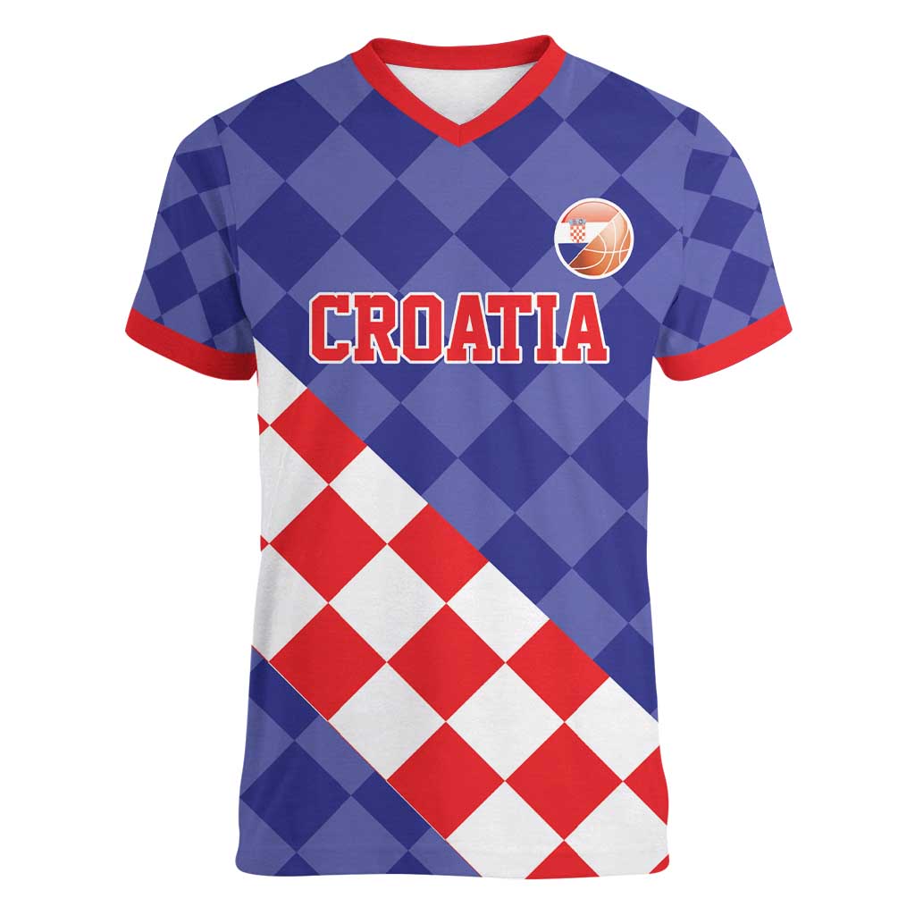Custom Croatia Basketball Women V-Neck T-Shirt Sporty Style