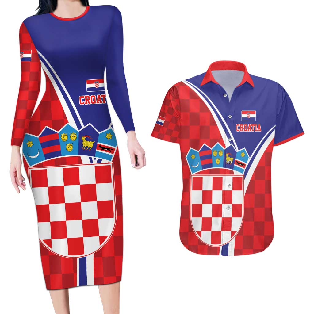 Personalized Croatia Coat of Arms Couples Matching Long Sleeve Bodycon Dress and Hawaiian Shirt Checkerboard Style