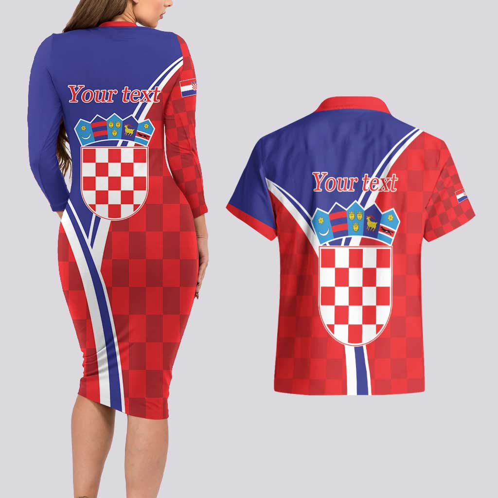 Personalized Croatia Coat of Arms Couples Matching Long Sleeve Bodycon Dress and Hawaiian Shirt Checkerboard Style