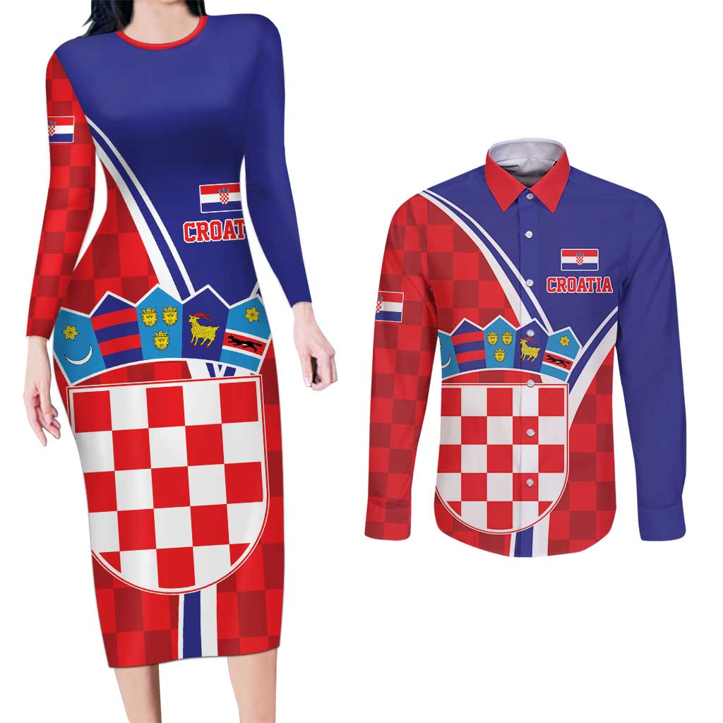 Personalized Croatia Coat of Arms Couples Matching Long Sleeve Bodycon Dress and Long Sleeve Button Shirt Checkerboard Style