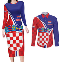 Personalized Croatia Coat of Arms Couples Matching Long Sleeve Bodycon Dress and Long Sleeve Button Shirt Checkerboard Style