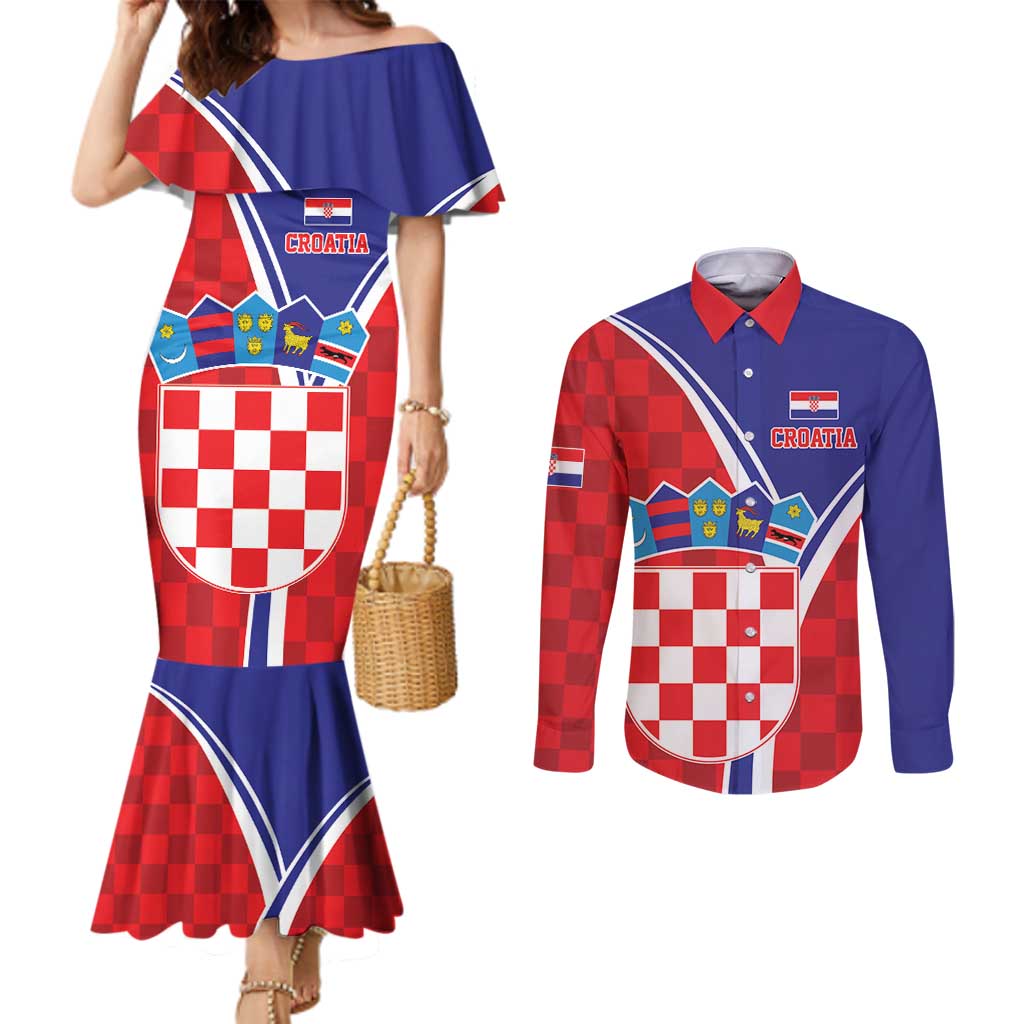 Personalized Croatia Coat of Arms Couples Matching Mermaid Dress and Long Sleeve Button Shirt Checkerboard Style