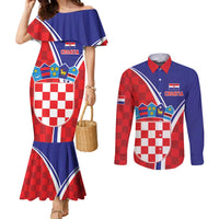 Personalized Croatia Coat of Arms Couples Matching Mermaid Dress and Long Sleeve Button Shirt Checkerboard Style