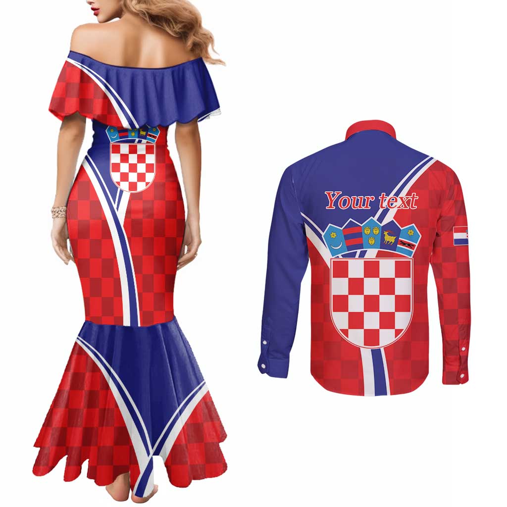 Personalized Croatia Coat of Arms Couples Matching Mermaid Dress and Long Sleeve Button Shirt Checkerboard Style