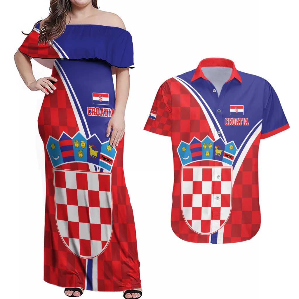 Personalized Croatia Coat of Arms Couples Matching Off Shoulder Maxi Dress and Hawaiian Shirt Checkerboard Style