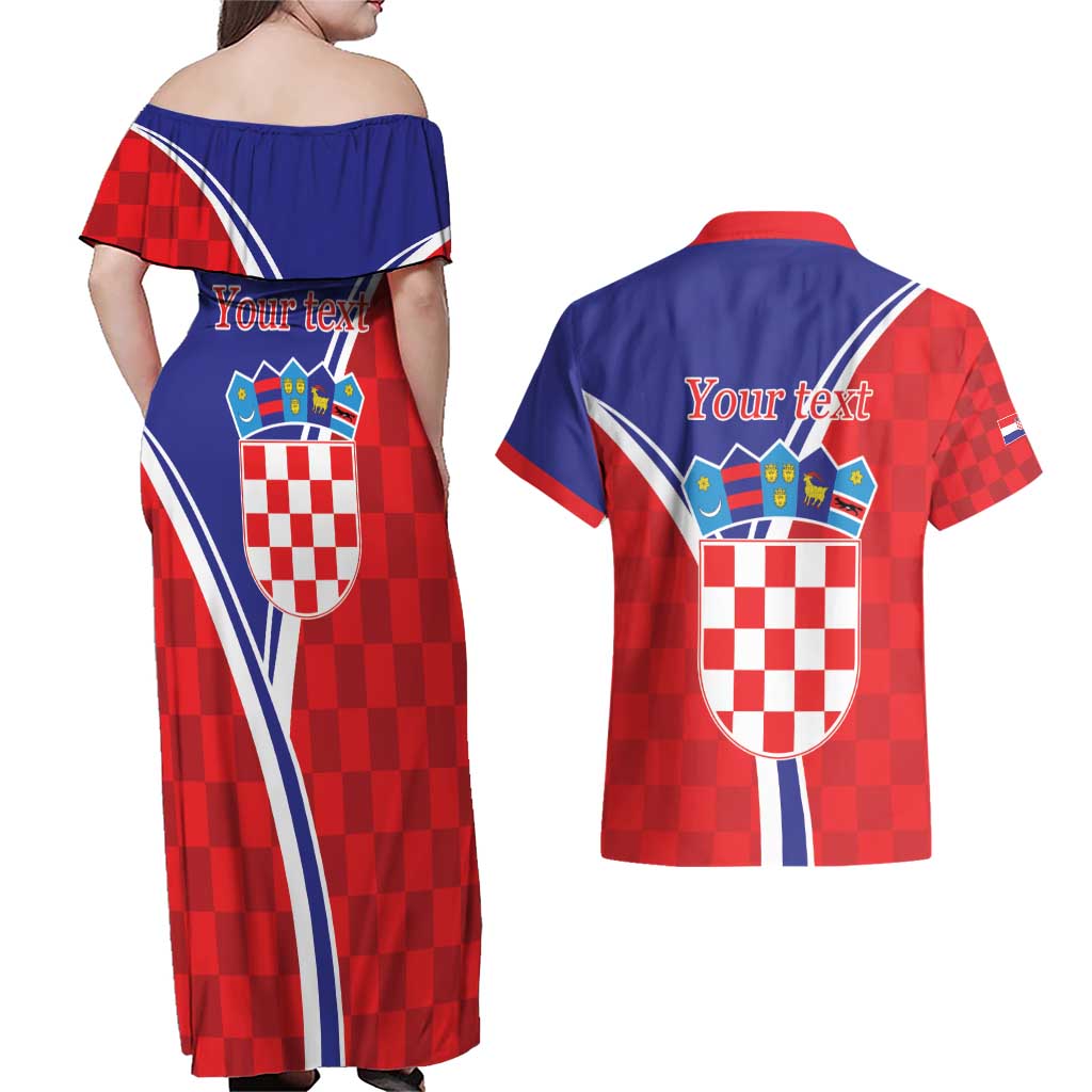 Personalized Croatia Coat of Arms Couples Matching Off Shoulder Maxi Dress and Hawaiian Shirt Checkerboard Style