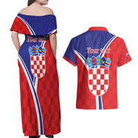 Personalized Croatia Coat of Arms Couples Matching Off Shoulder Maxi Dress and Hawaiian Shirt Checkerboard Style