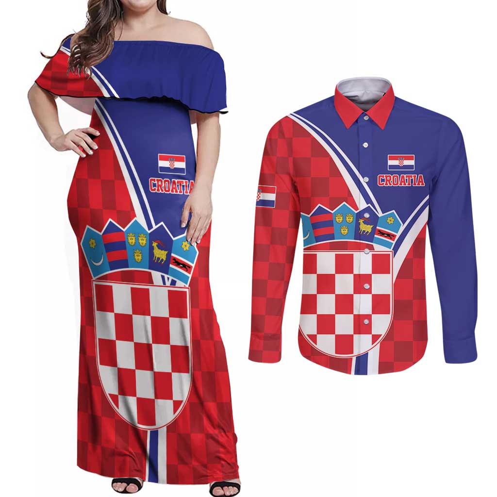 Personalized Croatia Coat of Arms Couples Matching Off Shoulder Maxi Dress and Long Sleeve Button Shirt Checkerboard Style