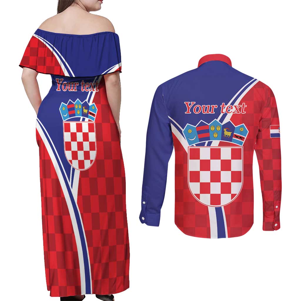 Personalized Croatia Coat of Arms Couples Matching Off Shoulder Maxi Dress and Long Sleeve Button Shirt Checkerboard Style