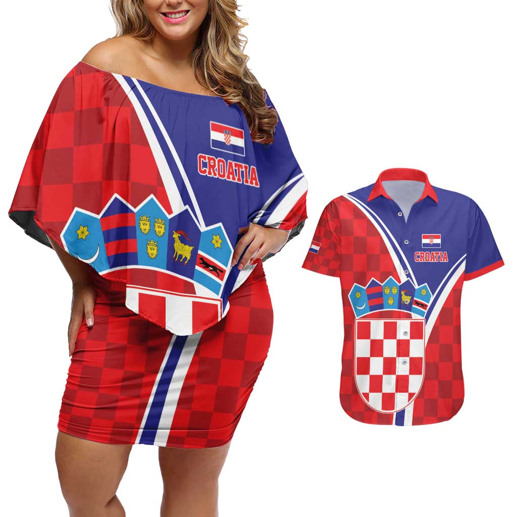 Personalized Croatia Coat of Arms Couples Matching Off Shoulder Short Dress and Hawaiian Shirt Checkerboard Style