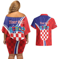 Personalized Croatia Coat of Arms Couples Matching Off Shoulder Short Dress and Hawaiian Shirt Checkerboard Style