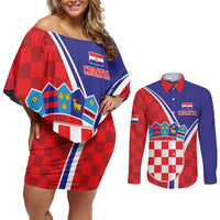 Personalized Croatia Coat of Arms Couples Matching Off Shoulder Short Dress and Long Sleeve Button Shirt Checkerboard Style