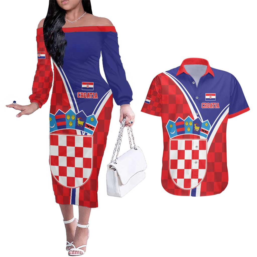 Personalized Croatia Coat of Arms Couples Matching Off The Shoulder Long Sleeve Dress and Hawaiian Shirt Checkerboard Style