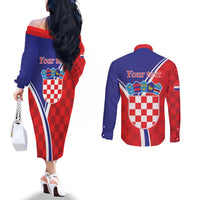 Personalized Croatia Coat of Arms Couples Matching Off The Shoulder Long Sleeve Dress and Long Sleeve Button Shirt Checkerboard Style