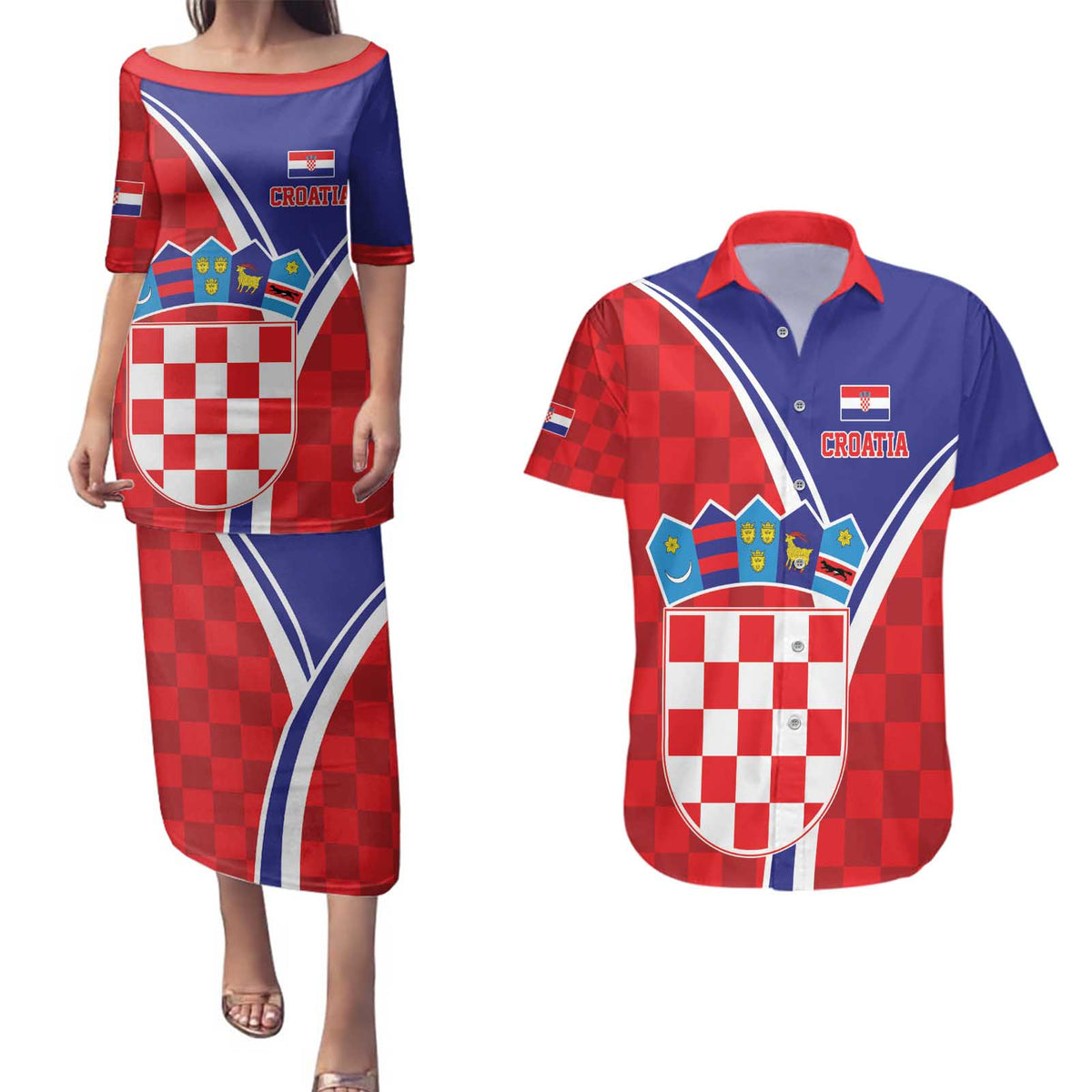 Personalized Croatia Coat of Arms Couples Matching Puletasi and Hawaiian Shirt Checkerboard Style