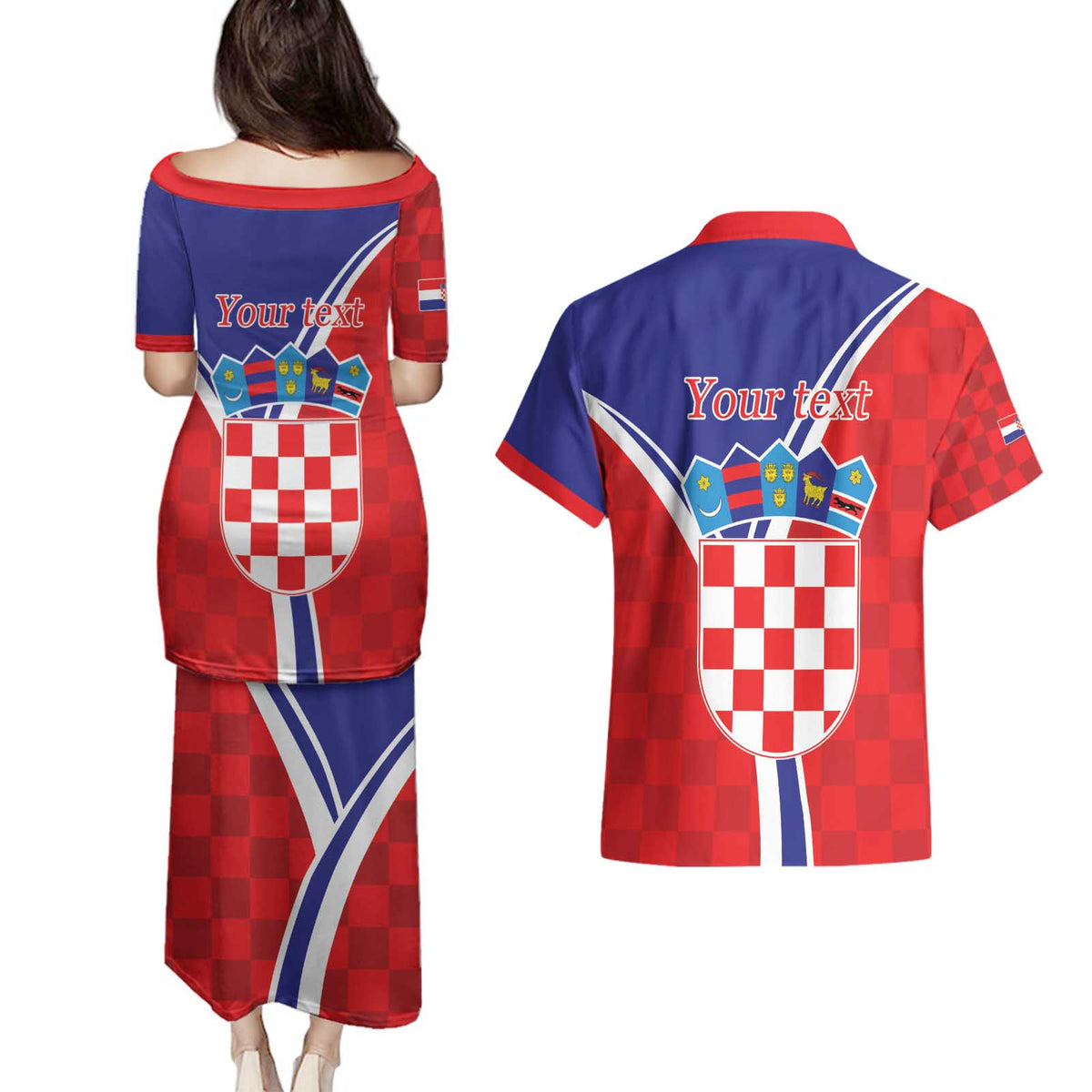 Personalized Croatia Coat of Arms Couples Matching Puletasi and Hawaiian Shirt Checkerboard Style