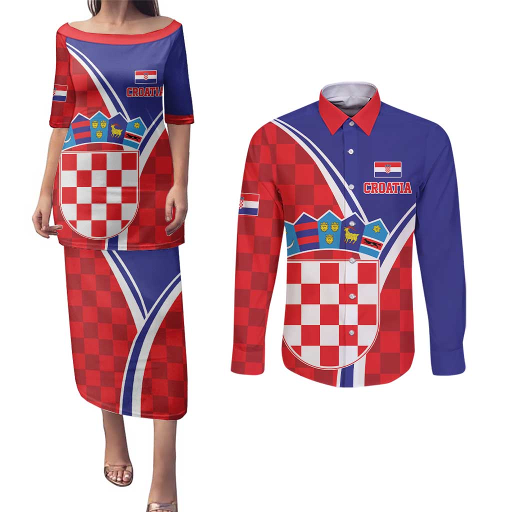 Personalized Croatia Coat of Arms Couples Matching Puletasi and Long Sleeve Button Shirt Checkerboard Style