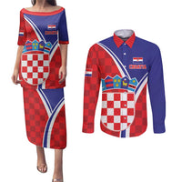 Personalized Croatia Coat of Arms Couples Matching Puletasi and Long Sleeve Button Shirt Checkerboard Style
