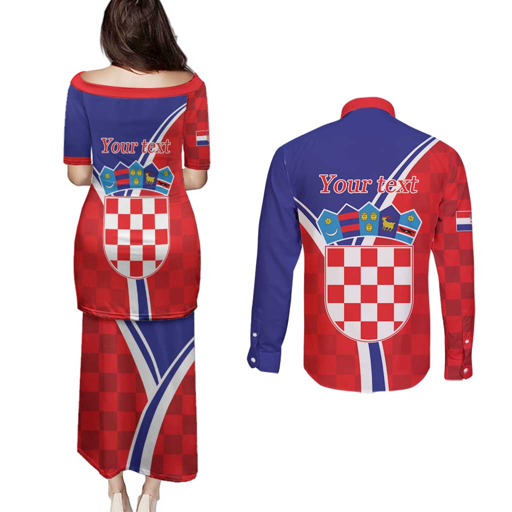 Personalized Croatia Coat of Arms Couples Matching Puletasi and Long Sleeve Button Shirt Checkerboard Style