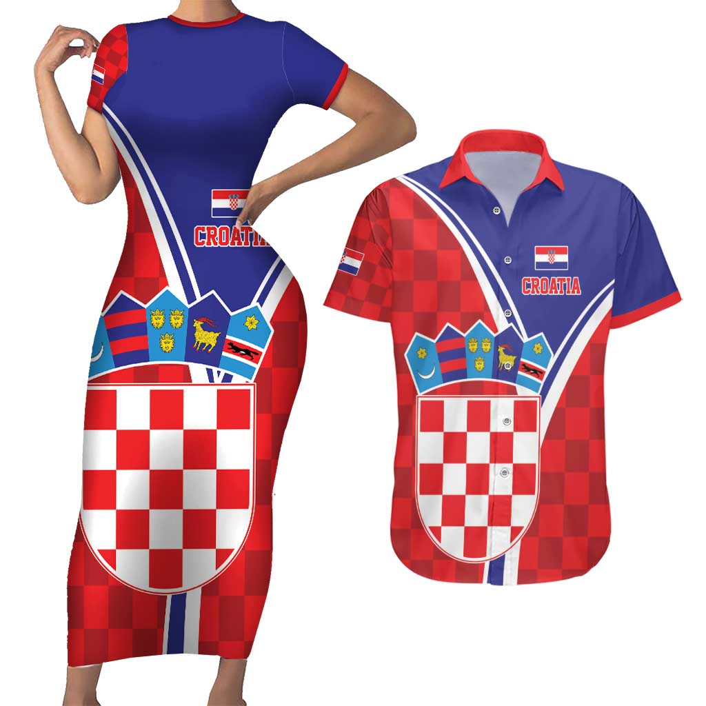 Personalized Croatia Coat of Arms Couples Matching Short Sleeve Bodycon Dress and Hawaiian Shirt Checkerboard Style