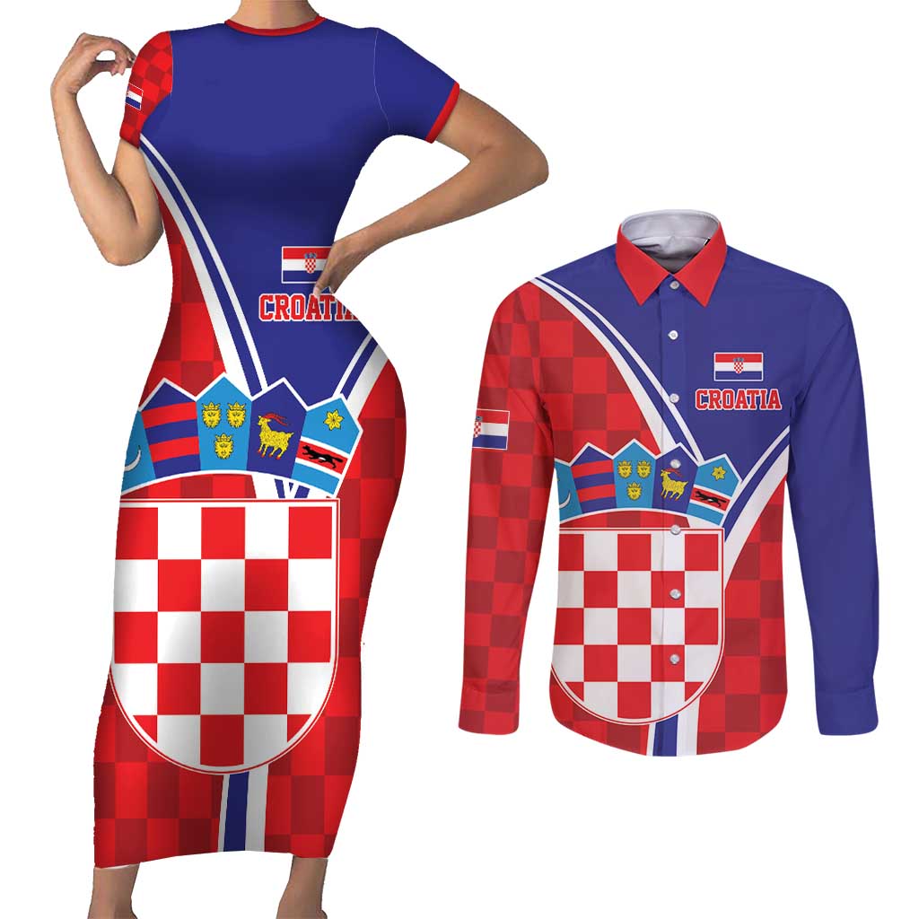 Personalized Croatia Coat of Arms Couples Matching Short Sleeve Bodycon Dress and Long Sleeve Button Shirt Checkerboard Style
