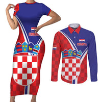 Personalized Croatia Coat of Arms Couples Matching Short Sleeve Bodycon Dress and Long Sleeve Button Shirt Checkerboard Style