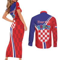 Personalized Croatia Coat of Arms Couples Matching Short Sleeve Bodycon Dress and Long Sleeve Button Shirt Checkerboard Style