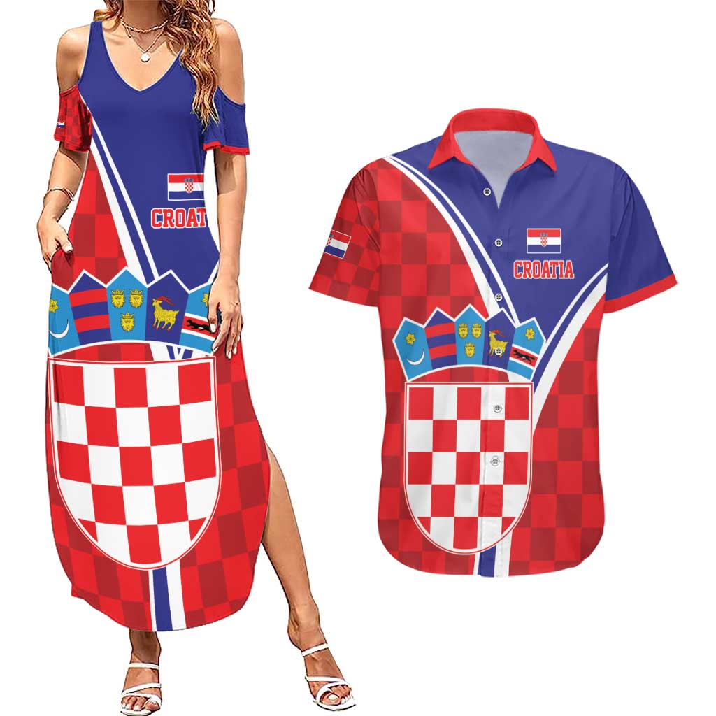Personalized Croatia Coat of Arms Couples Matching Summer Maxi Dress and Hawaiian Shirt Checkerboard Style