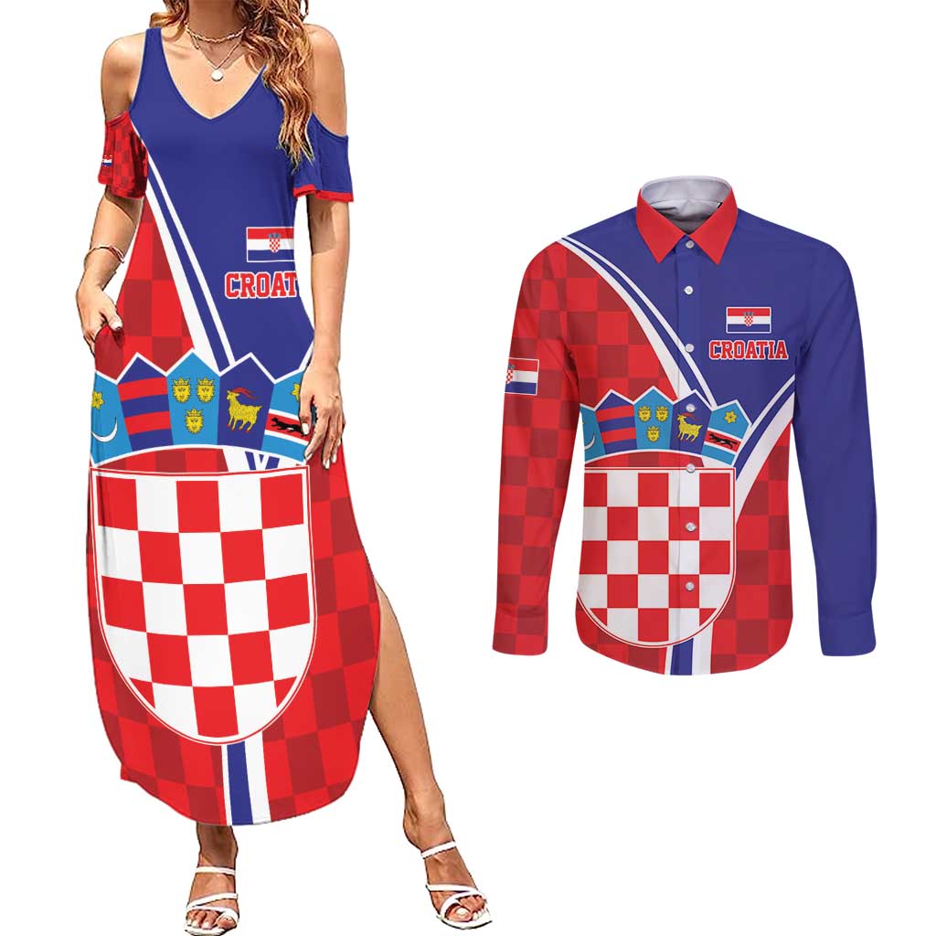 Personalized Croatia Coat of Arms Couples Matching Summer Maxi Dress and Long Sleeve Button Shirt Checkerboard Style