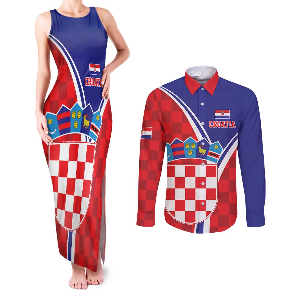 Personalized Croatia Coat of Arms Couples Matching Tank Maxi Dress and Long Sleeve Button Shirt Checkerboard Style