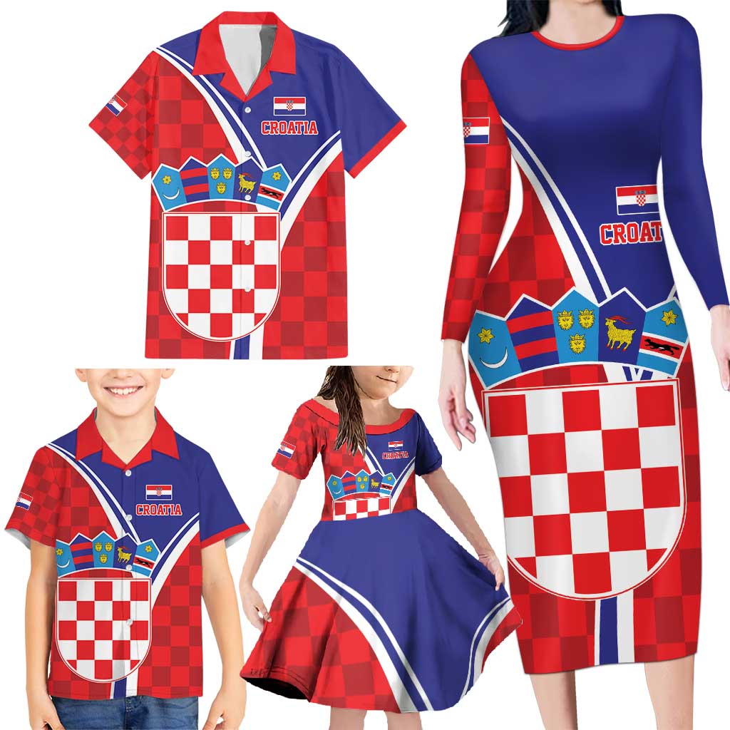 Personalized Croatia Coat of Arms Family Matching Long Sleeve Bodycon Dress and Hawaiian Shirt Checkerboard Style