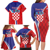 Personalized Croatia Coat of Arms Family Matching Long Sleeve Bodycon Dress and Hawaiian Shirt Checkerboard Style