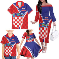 Personalized Croatia Coat of Arms Family Matching Off The Shoulder Long Sleeve Dress and Hawaiian Shirt Checkerboard Style