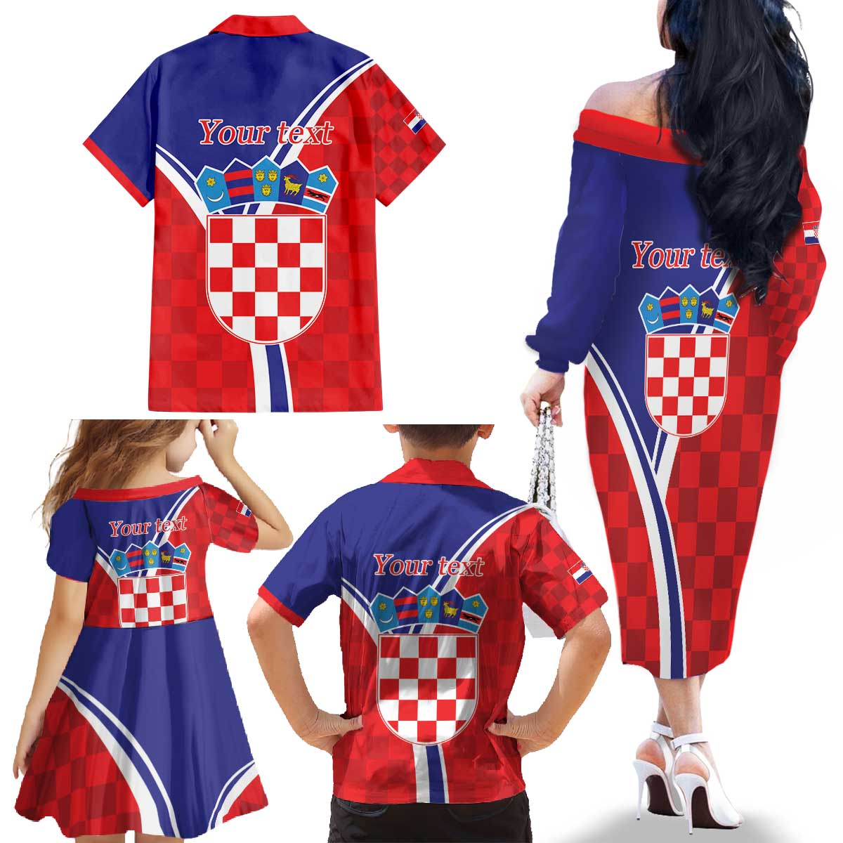 Personalized Croatia Coat of Arms Family Matching Off The Shoulder Long Sleeve Dress and Hawaiian Shirt Checkerboard Style