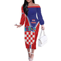Personalized Croatia Coat of Arms Family Matching Off The Shoulder Long Sleeve Dress and Hawaiian Shirt Checkerboard Style