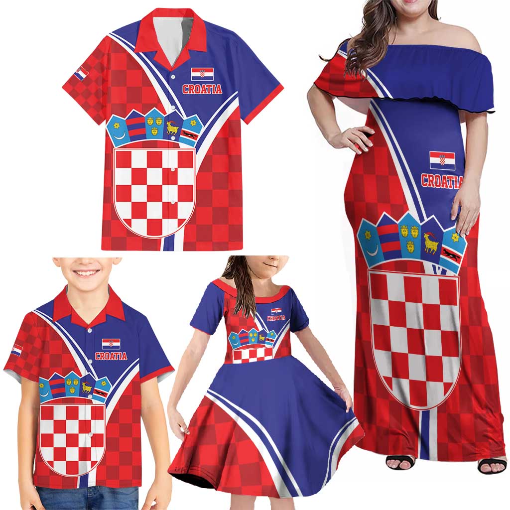 Personalized Croatia Coat of Arms Family Matching Off Shoulder Maxi Dress and Hawaiian Shirt Checkerboard Style