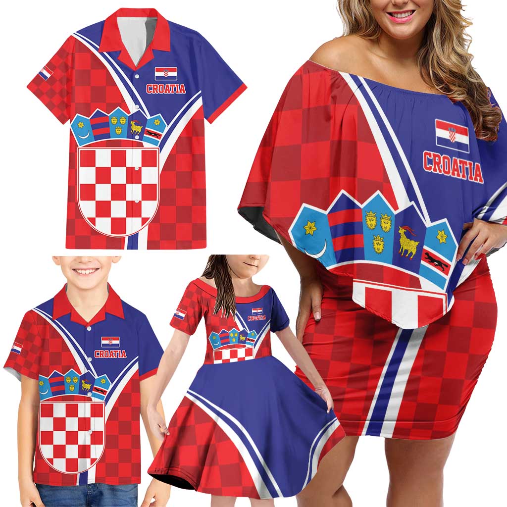 Personalized Croatia Coat of Arms Family Matching Off Shoulder Short Dress and Hawaiian Shirt Checkerboard Style