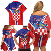 Personalized Croatia Coat of Arms Family Matching Off Shoulder Short Dress and Hawaiian Shirt Checkerboard Style